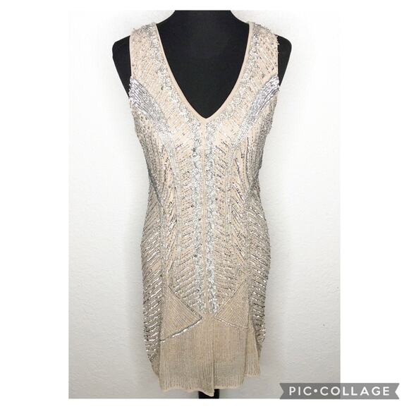 Boston Proper tan nude silver beaded sequin sheath dress size 8 cocktail formal - Picture 1 of 16